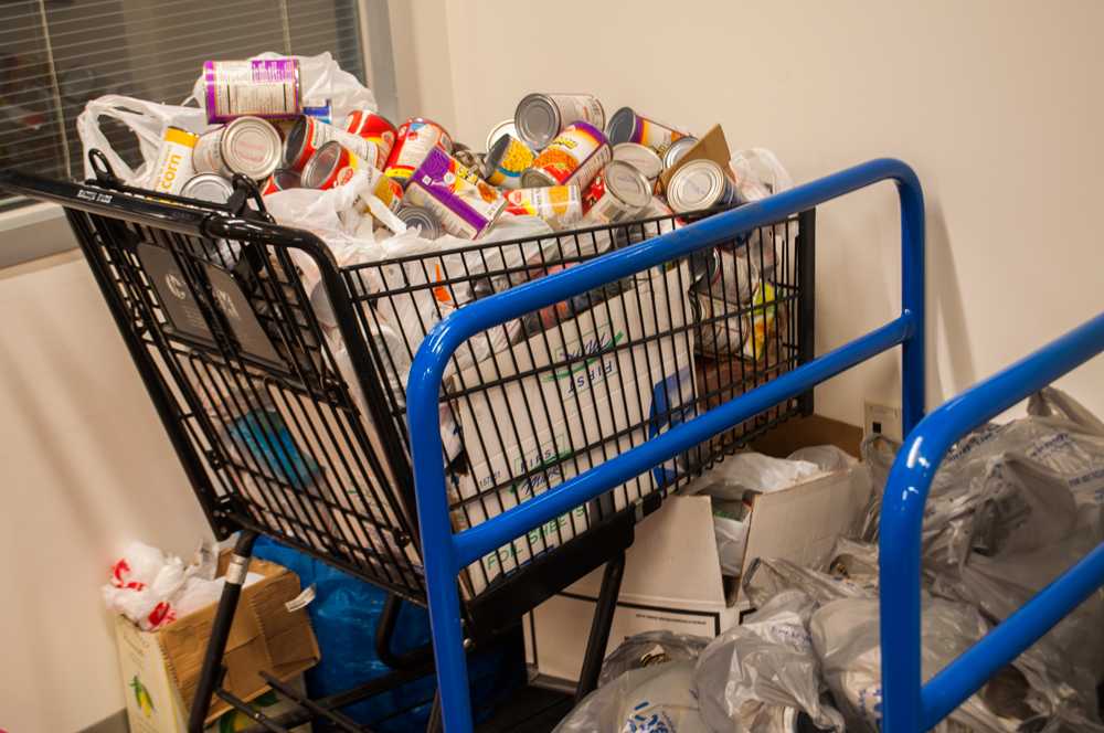 Cans that were donated for the Hunger Games Canned Food Drive inside the ACT office. The drive collected a total of 3,768 cans. Photo by Morgan Cook  |  The Appalachian