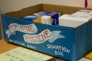 A box in the Women's Center in Plemmons Student Union being used to collect feminine hygiene products for the Feminine Hygiene Drive. Photo by Morgan Cook  |  The Appalachian