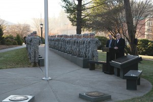 Watauga Residential College director Clark Maddux speaks at the Veteran's Day memorial service Tuesday morning on the west side of Dougherty Administration building. Photo by Sarah Weiffenbach  |  The Appalachian