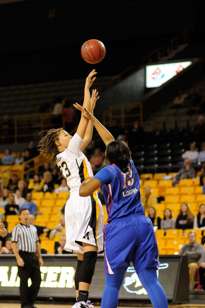 Junior center/forward KeKe Cooper is fouled on an outside field goal attempt during the first half aginst Georgia State Saturday. The Mountaineers suffered a 76-71 loss at home to the eighth place Georgia State Panthers at home. Photo by Justin Perry  |  The Appalachian