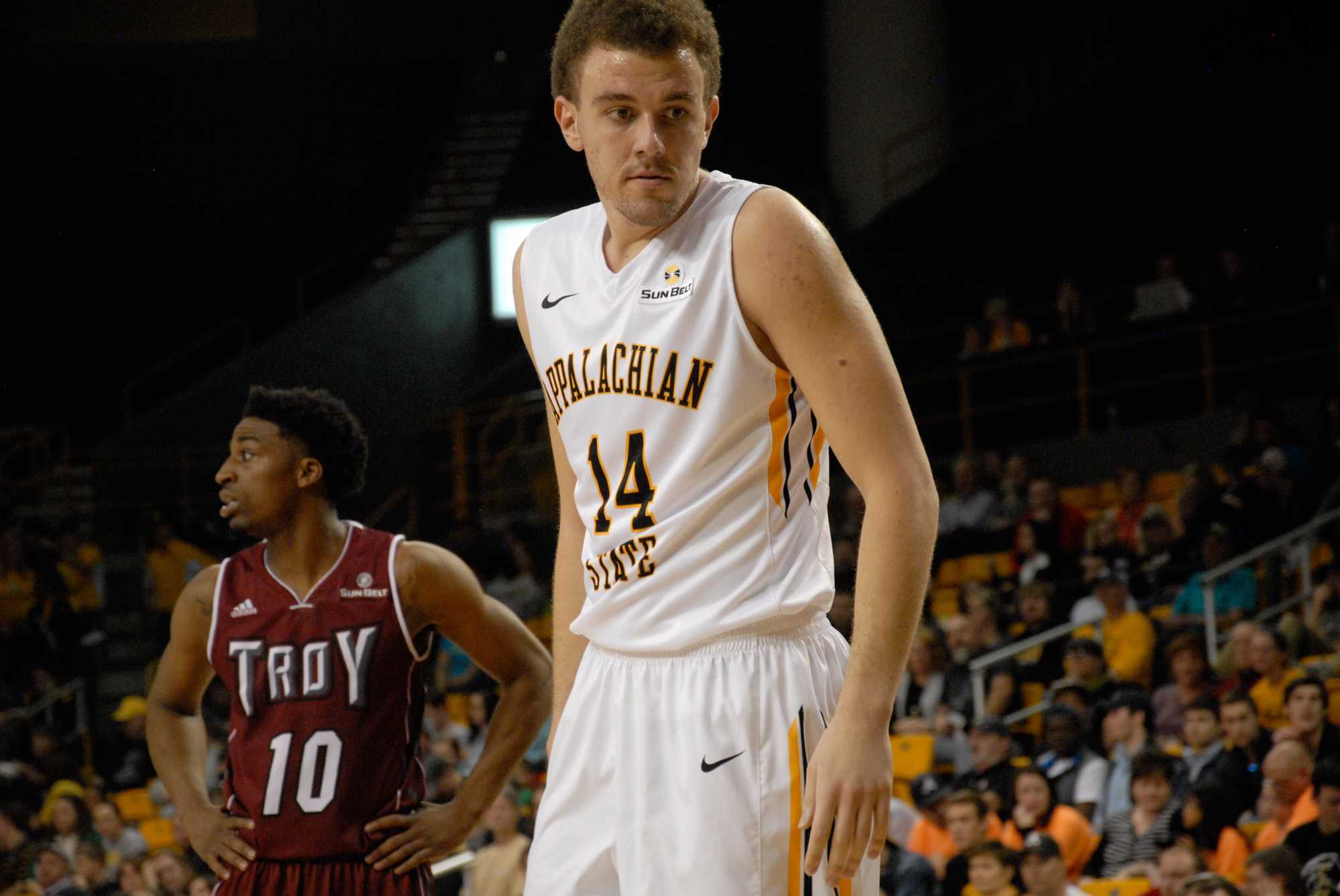 Freshman forward Milos Kostic glances at the sideline during a game against Troy this season. Kostic averages 7.8 minutes and has played in 15 games. Photo by Corey Spiers  |  The Appalachian
