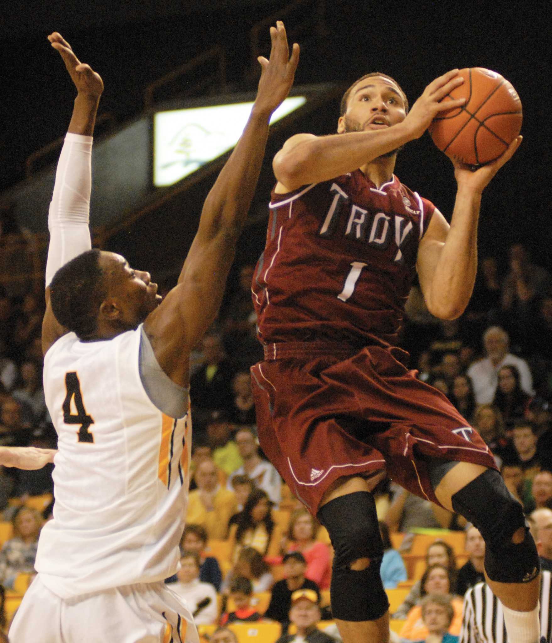 App State junior forward Michael Obacha defends Troy’s senior guard Musa Abdul-Aleem. Photo by Corey Spiers  |  The Appalachian