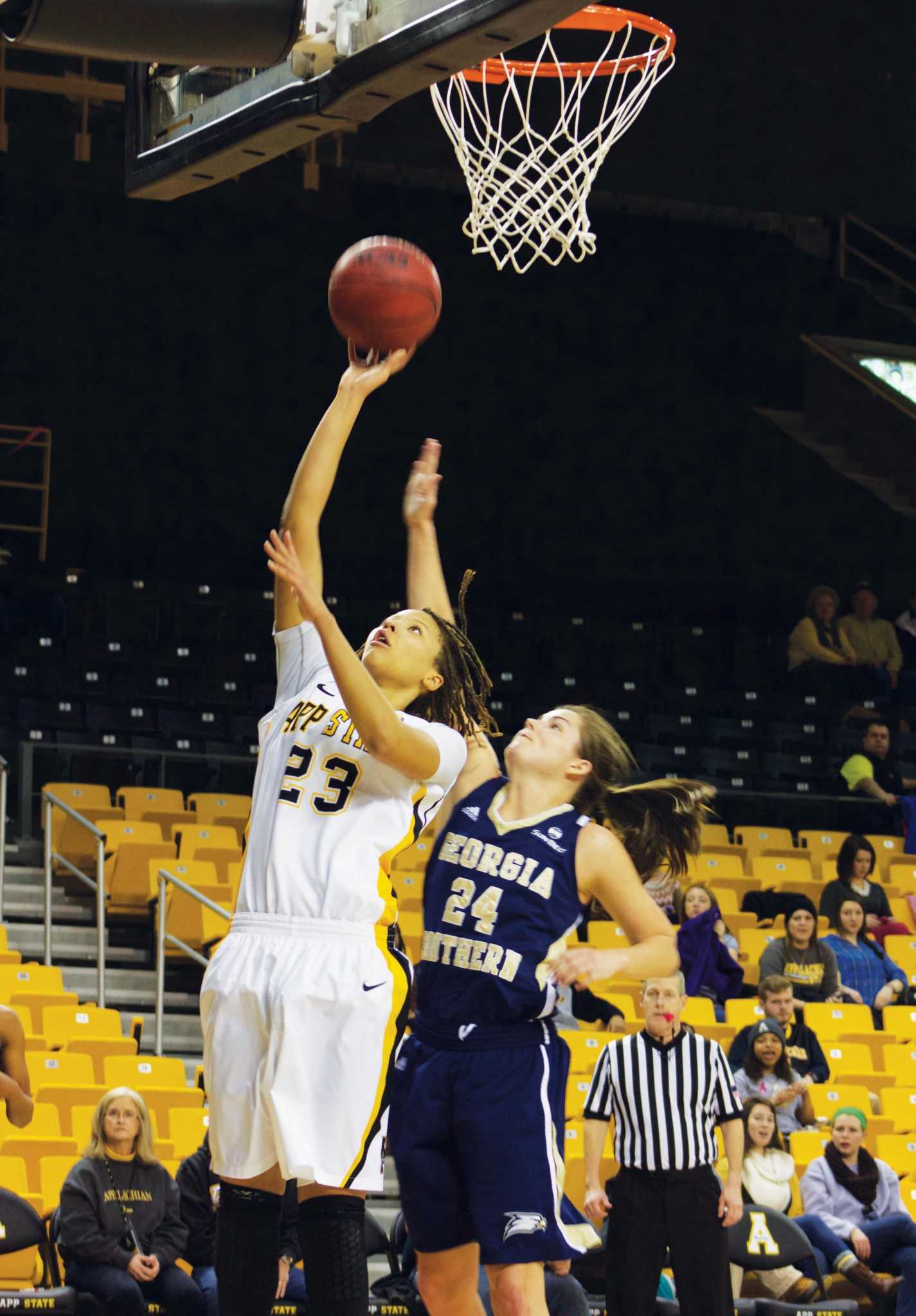 App State's Keke Cooper goes up for a layup against Georgia Southern on Thursday night. The Mountaineers defeated the Eagles 66-39 to remain in the conference tournament conversation.