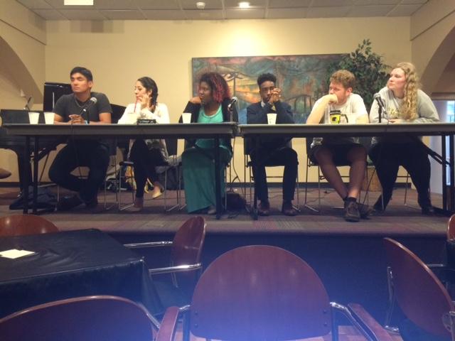 (Left to right) Cele Rodriguez, Nathalia Ruiz, Ty White, Joshua Carr, Patrick Long and Maddie Majerus served as panel members during Phi Beta Sigma's "Think Like a Man, Think Like a Woman, and Everyone in Between" event on Thursday evening. 