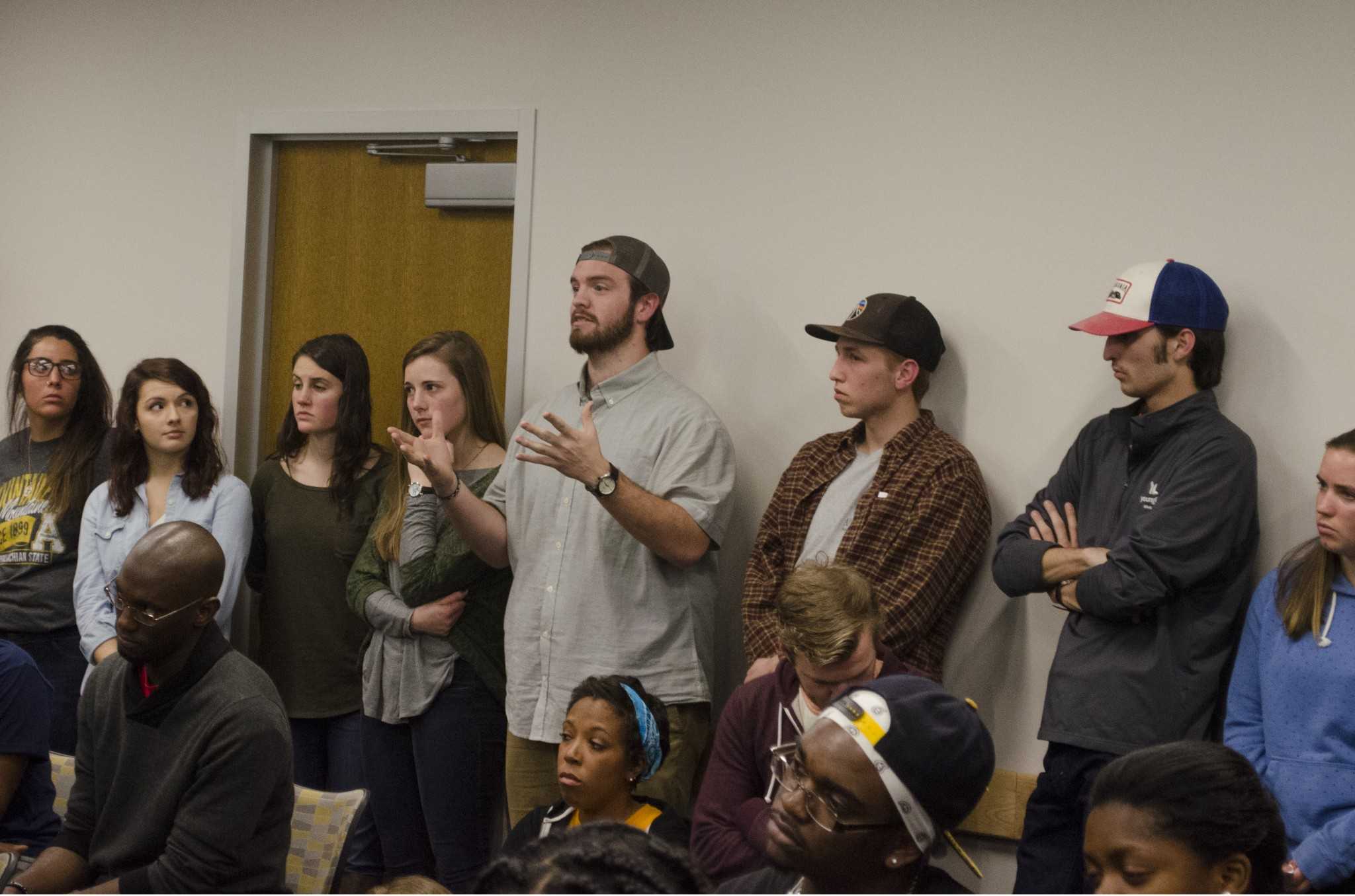 Brent Rayfield (center), the president of Appalachian’s Young Life College chapter, addresses the entire room during one the Dissecting the YL 
