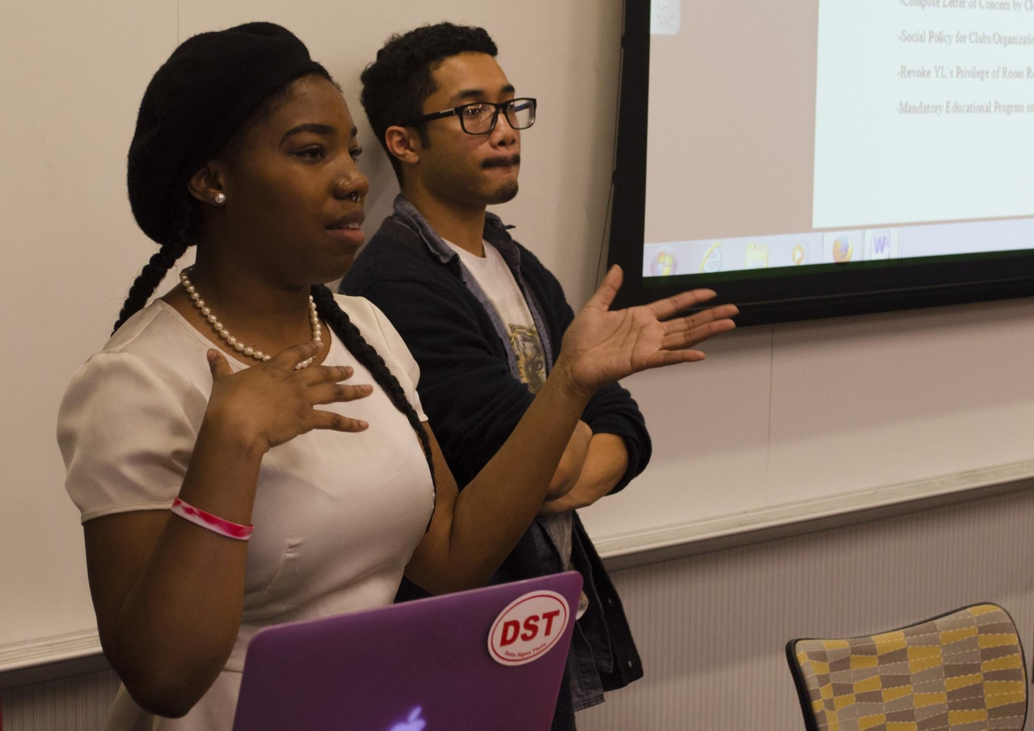 Seniors Mariah Webber (front) and Reggie Gravely (back) moderated the Dissecting the YL "Thug Life" Party discussion Monday night in Plemmons Student Union. | Photo: Michael Bragg, The Appalachian