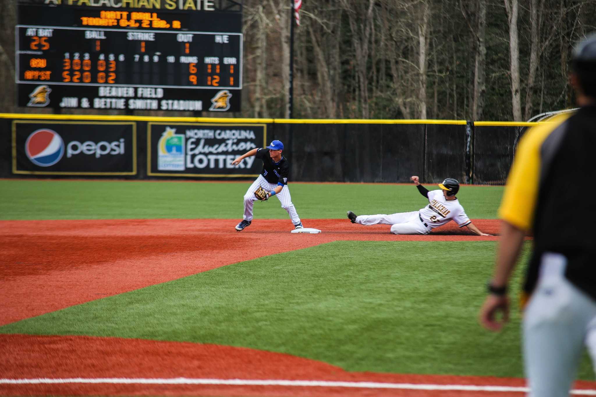 Senior infielder Michael Pierson slides into second base safely during the fifth inning of game two against Georgia State last weekend. Pierson (3-3, three RBI) raised his team-leading average to .355 after the performance. Photo: Gerrit Van Genderen | The Appalachian