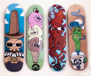 As part of Friday’s Art Crawl, local artists and Appalachian students will display their original painted skateboard decks at the first Decked Out Art Show at 3rd Place. The artists focused on different topics such as the kingdoms of life and characters with different personalities. Courtesy of Ethan Screicher.