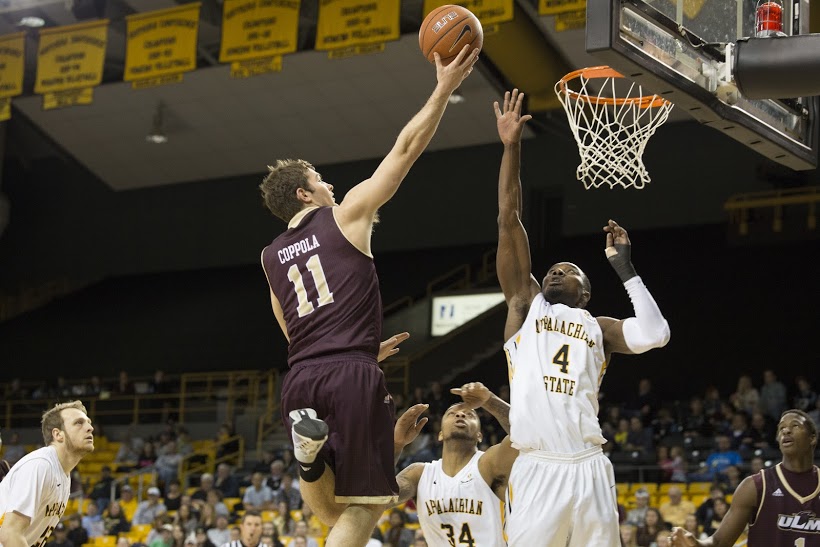 Warhawks guard Nick Coppola lays in the go-ahead basket with 9.7 seconds remaining to put ULM up 91-90 over App State. Coppola scored  25 points in the victory. 