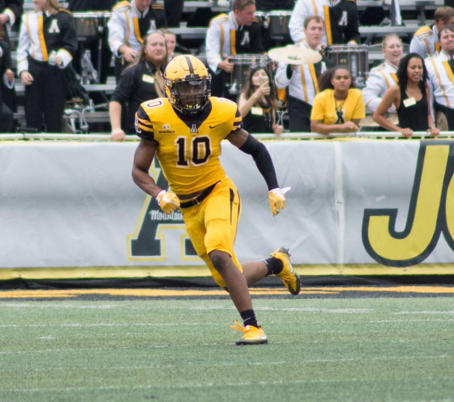 Defensive Back AJ Howard running to help the Mountaineers defense against Savannah State on Saturday, September 9th. The Mountaineers won the game with the score being 54-7.