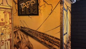 Part of the 3-D mural by Dabney Smith on The Annex's stage.