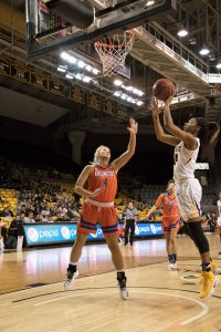 Freshman Guard Armani Hampton attempts to score with a layup during the game against UT Arlington. The Mountaineers lost against the Mavericks with the final score being 62-73.