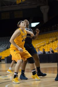 Freshman center/forward Bayley Plummer tries to get the rebound during the game against Georgia Southern on Thursday night. The Mountaineers took the win with the final score being 73-48.