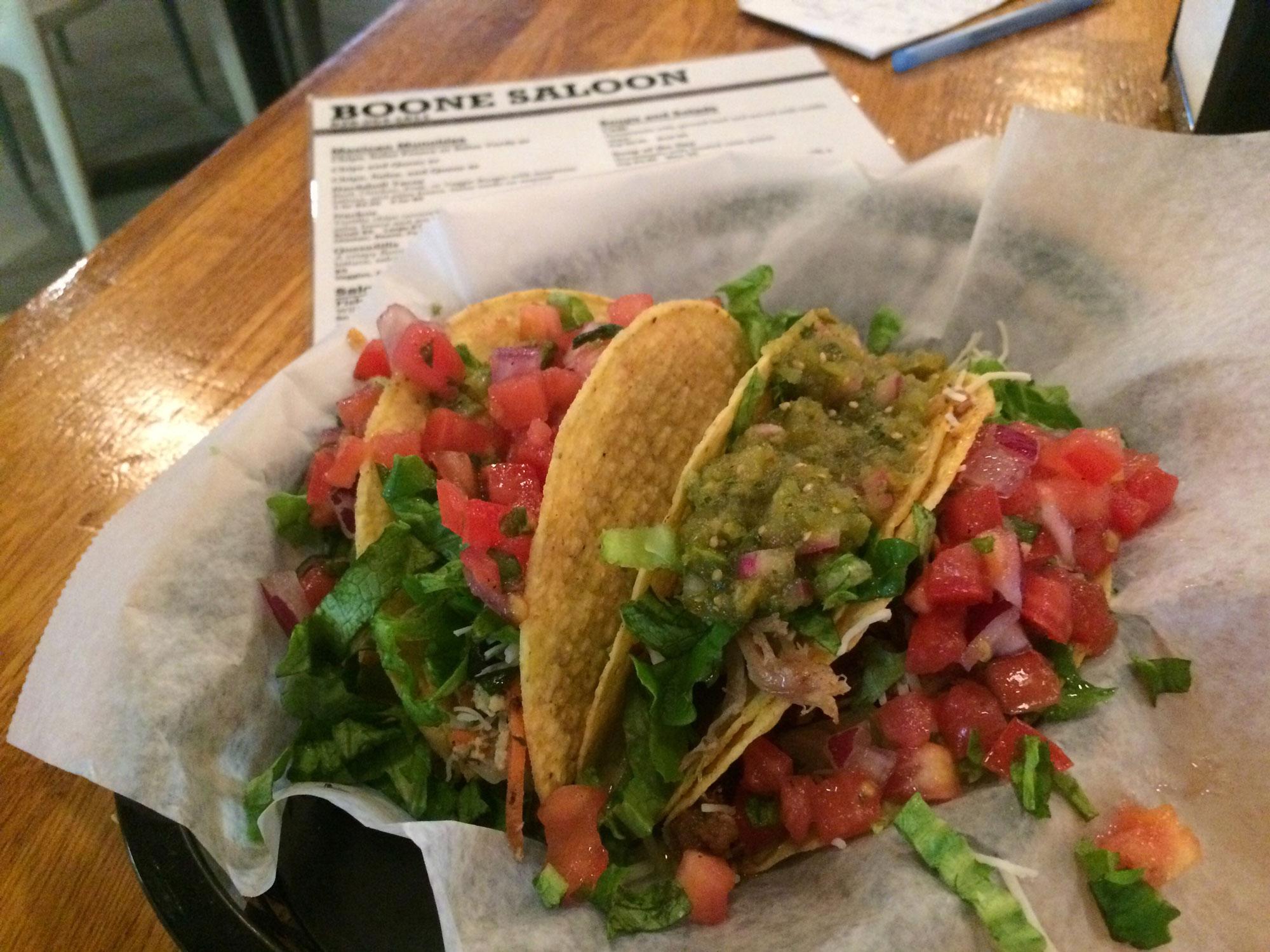 Boone Saloon offers four different taco types including veggie burger, chicken, pork and beef. Their Taco Tuesday special includes a $1.50 taco and $1.50 Pabst Blue Ribbon accompaniment. 