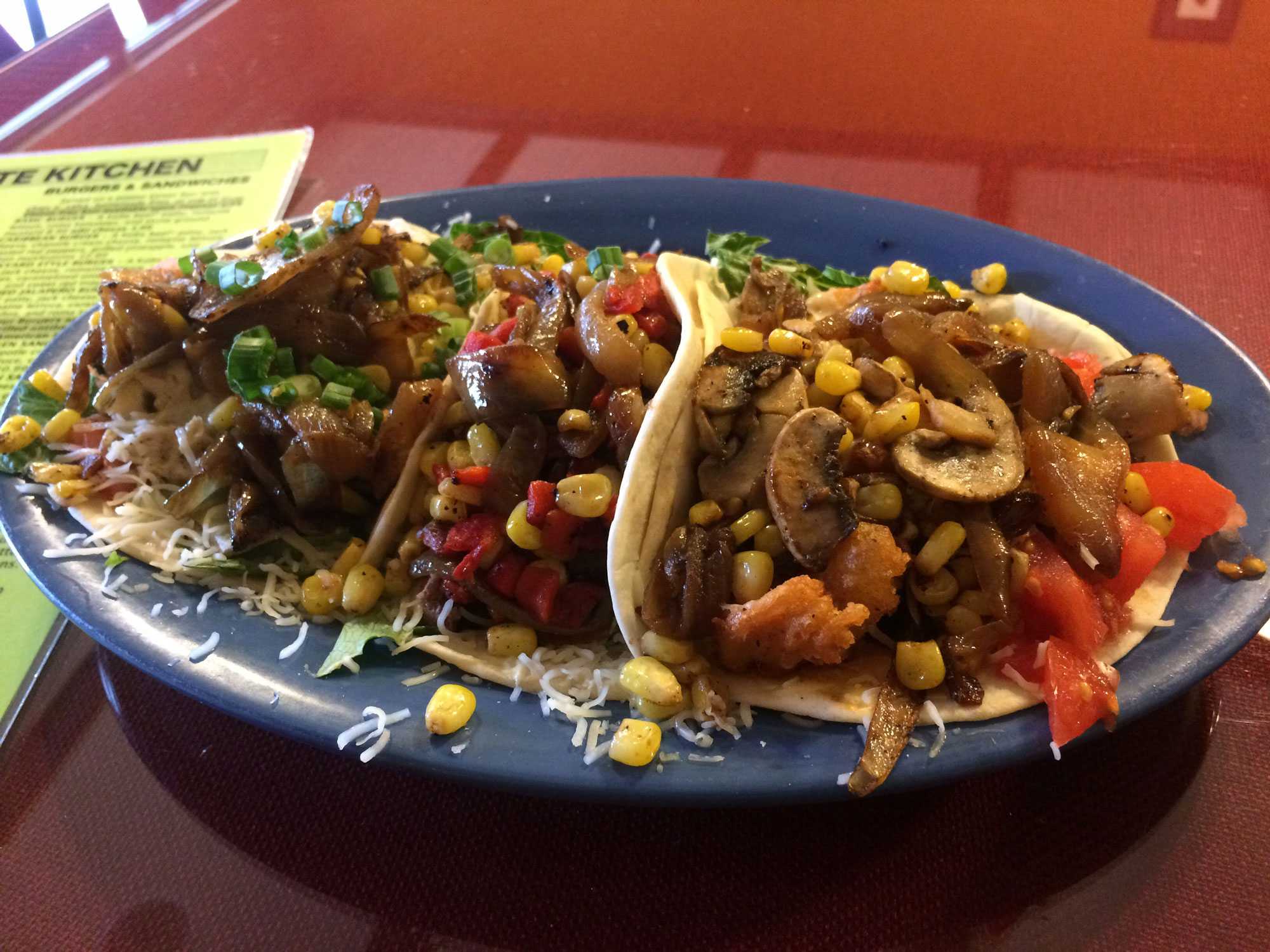 From left to right: Coyote Kitchen's jerk chicken, kobe beef and fried shrimp tacos. Coyote Kitchen offers six different tacos.