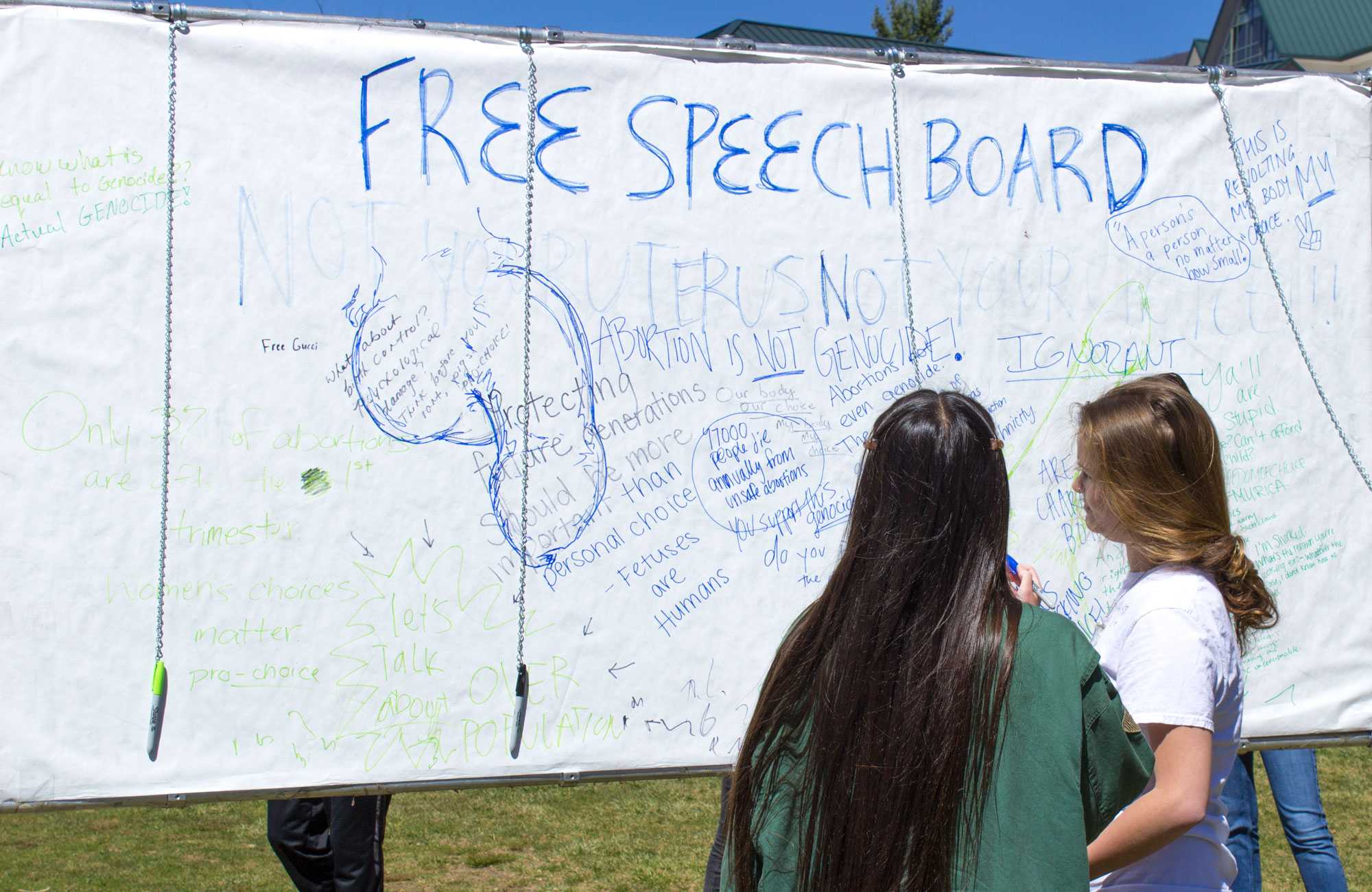 Free speech board that was on Sanfrod Mall during an anti-abortion protest back in march. The protest was held by an organization called AbortionNO.