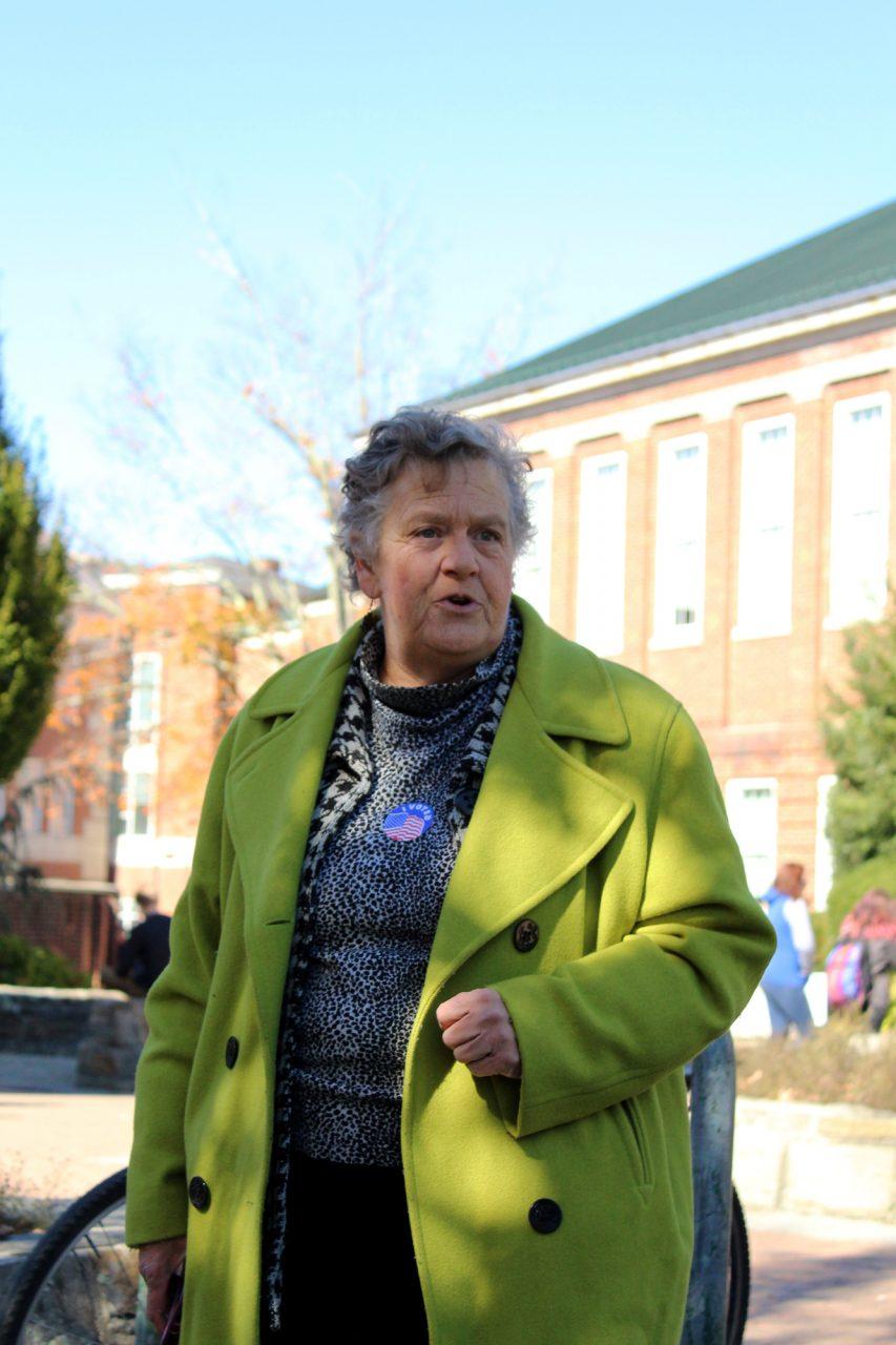 Pam Williamson, a member of the Watauga Democratic Party speaking at a celebration rally for the on-campus voting site Oct. 26 on Sanford Mall. Williamson was a key leader in the fight for securing App students a voting site on campus for the municipal election and is well known for her website, Pams Picks.