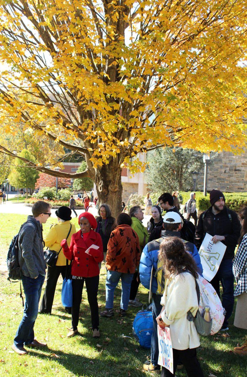 App State students, community leaders and town council candidates mingling on Sanford Mall Oct. 26 during a celebration of the on-campus voting site. Students were granted a voting site on campus for the 2017 Boone municipal election after a court ruling on Oct. 25.