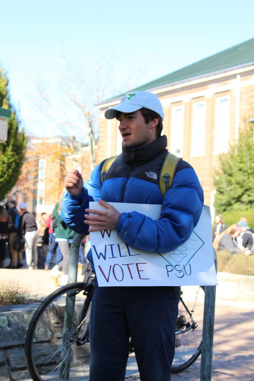 Lee Franklin, a sophomore political science major and member of App States College Democrats, speaking at the on-campus voting site celebration Oct. 26 on Sanford Mall. Franklin thanked the several community members who helped secure Appalachian students ability to vote on-campus in the municipal election with their hard-fought battle in the courts.
