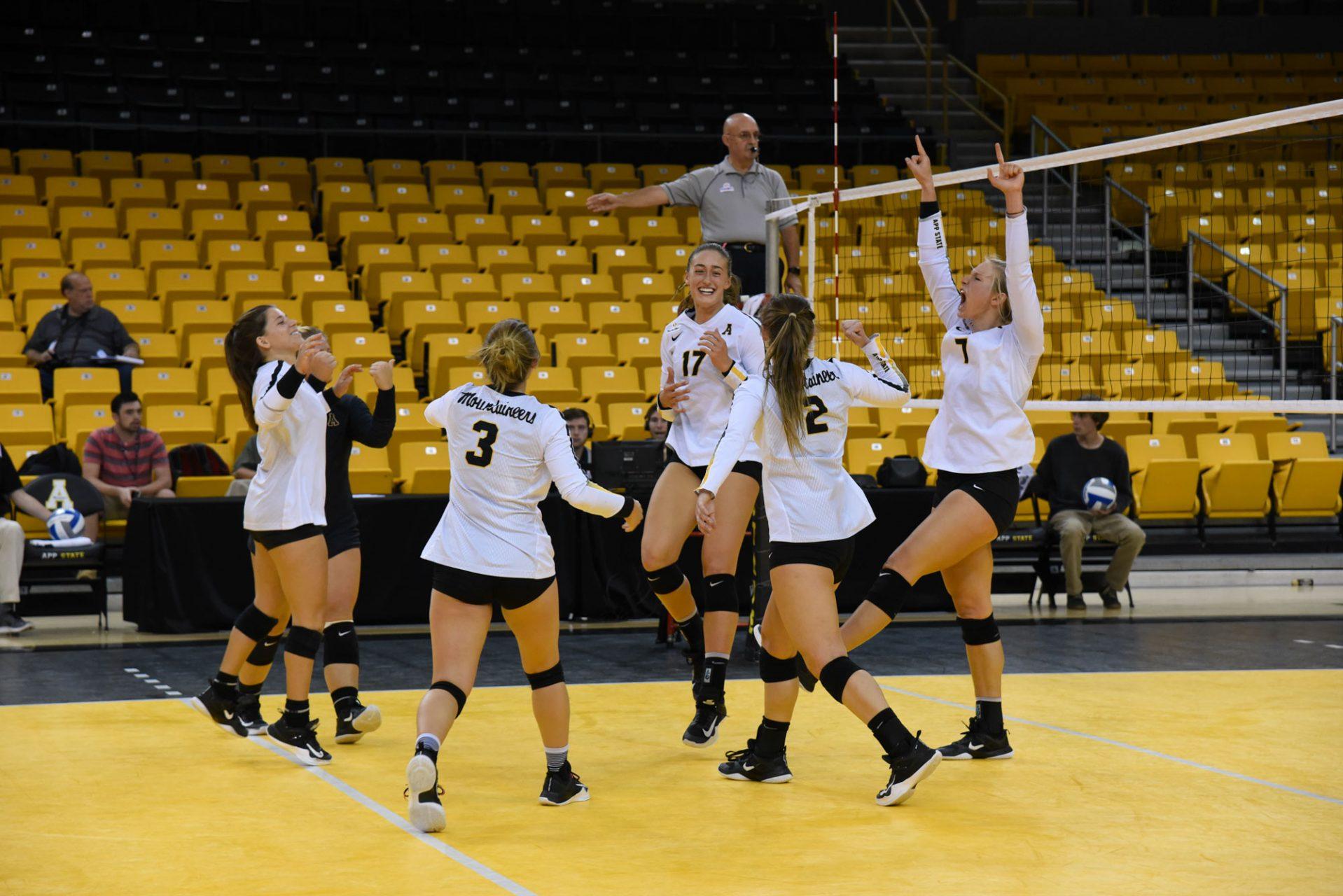 The Appalachian State Volleyball team celebrates a point from a spike during a home game against Georgia Southern in 2017.  The Mountaineers currently sit at 2-4 and will host Iowa State in the Appalachian Invitational on Sept. 13