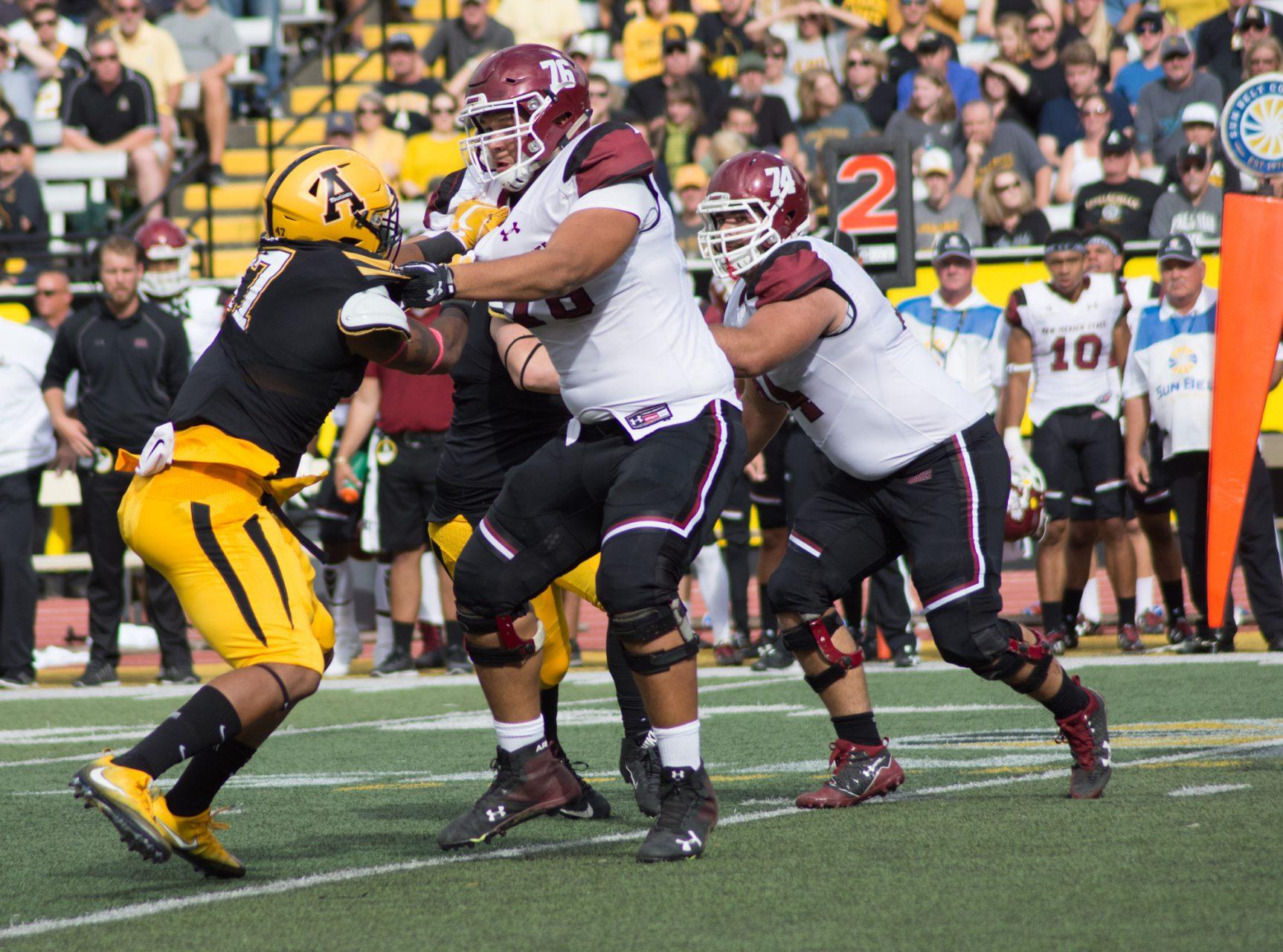 Defensive Lineman Okon Godwin battling the New Mexico State lineman at Kidd Brewer Stadium on Oct. 7. The Mountaineers won 45-31. 