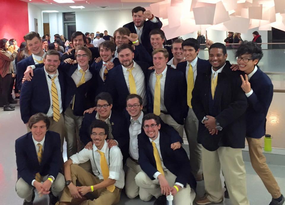 Appalachian States first all-male a cappella group posing for a photo after Acappellagedon in the Shaefer Center on November 15, 2015. Photo courtesy of ASU Higher Ground.