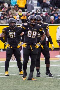 Senior Inside Linebacker, John Law, junior Defensive Line, Caleb Fuller, and Fresman Defensive Line, John Hunter, wait for the instructed play at the game against UL Monroe. The Mountaineers defeated UL Monroe with the final score being 42-17.