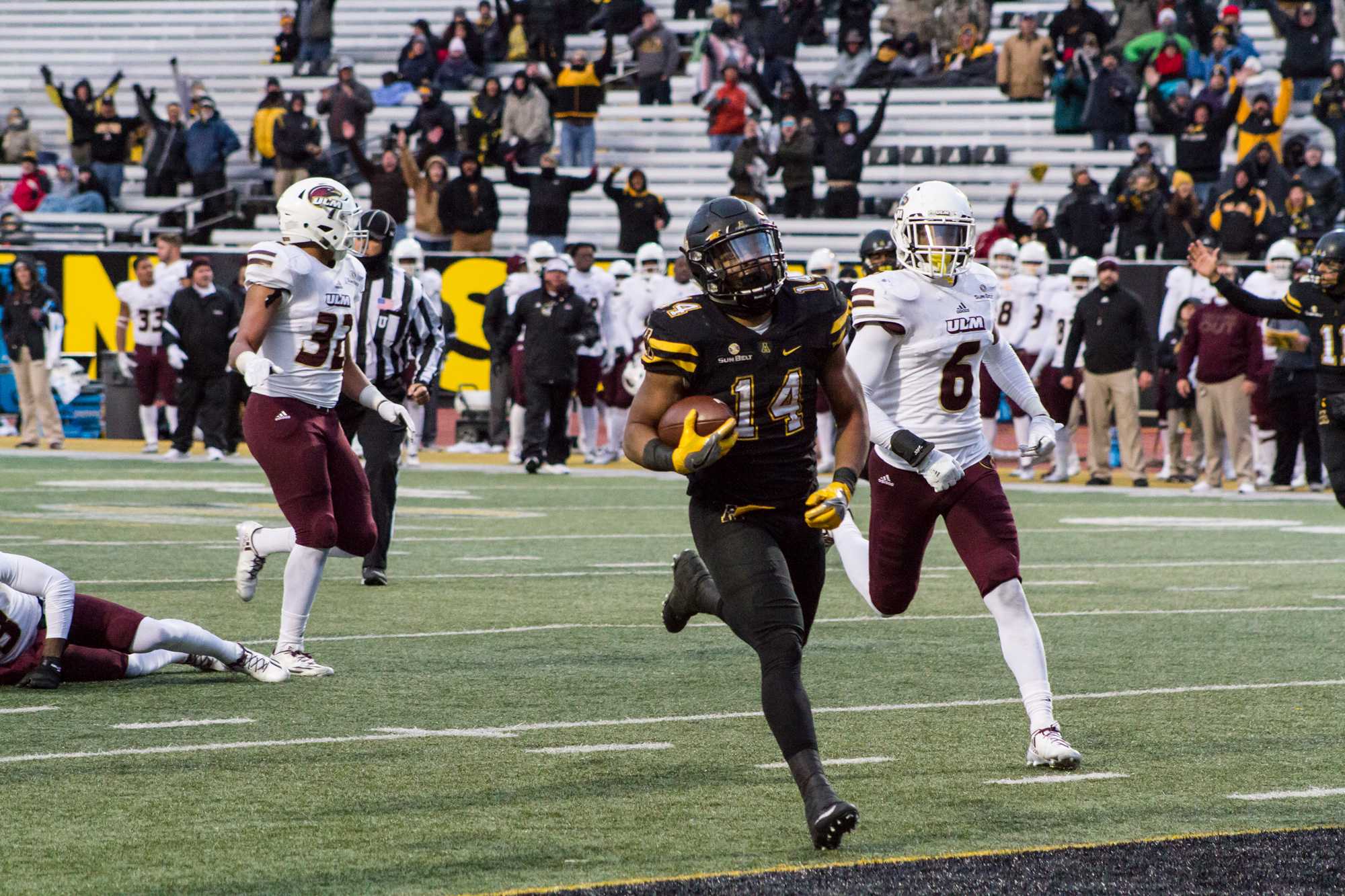 Senior Running Back, Marcus Cox, scores a touchdown during the game against Monroe. He is now Appalachian States all time leading rusher.