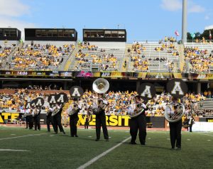 The Marching Mountaineers perform the National Anthem at the first home football game of the 2017 season. 