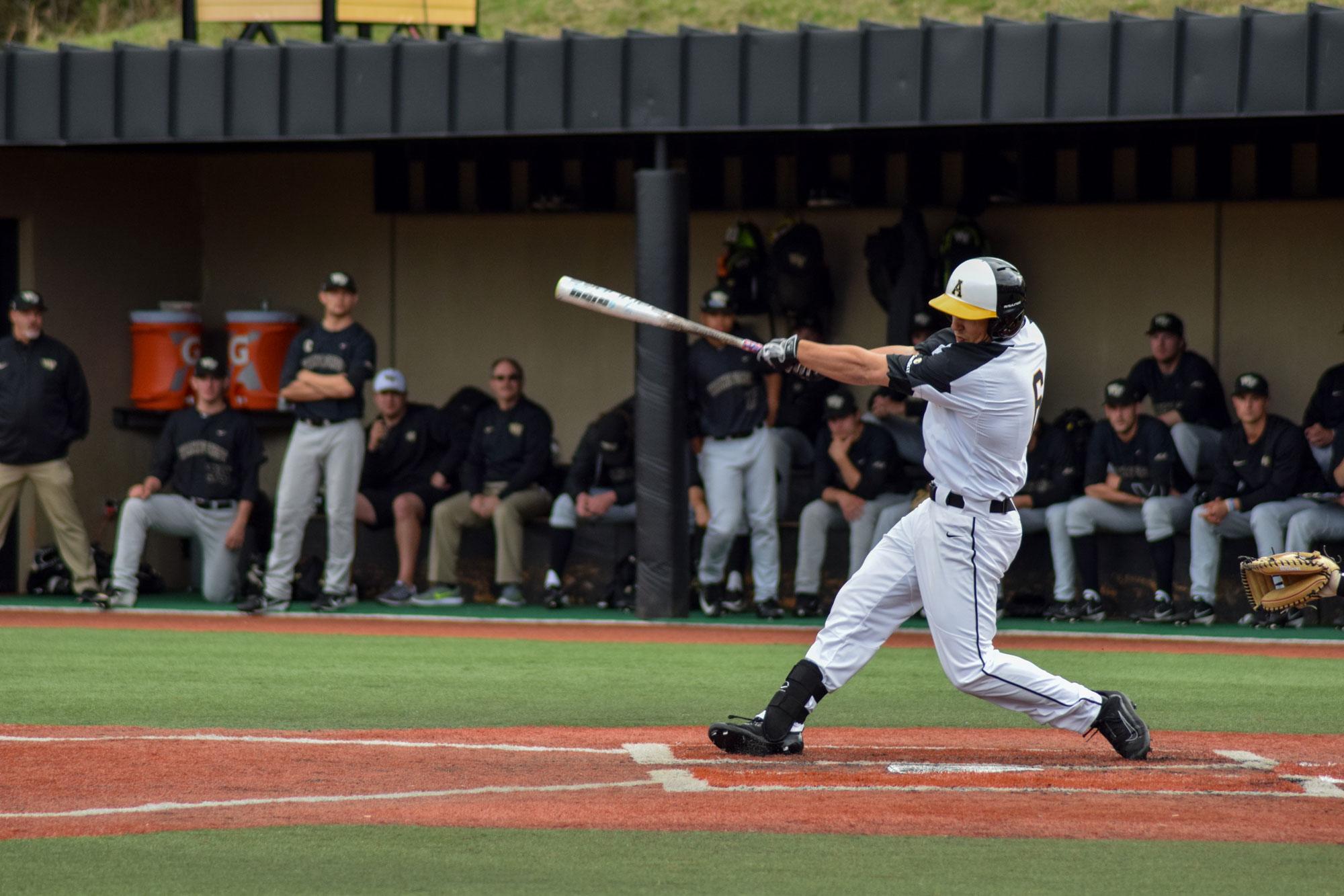 Junior Tyler Stroup swings the bat during the home game against Wake Forest. The Mountaineers lost to Wake Forest with the final score being 4-5.