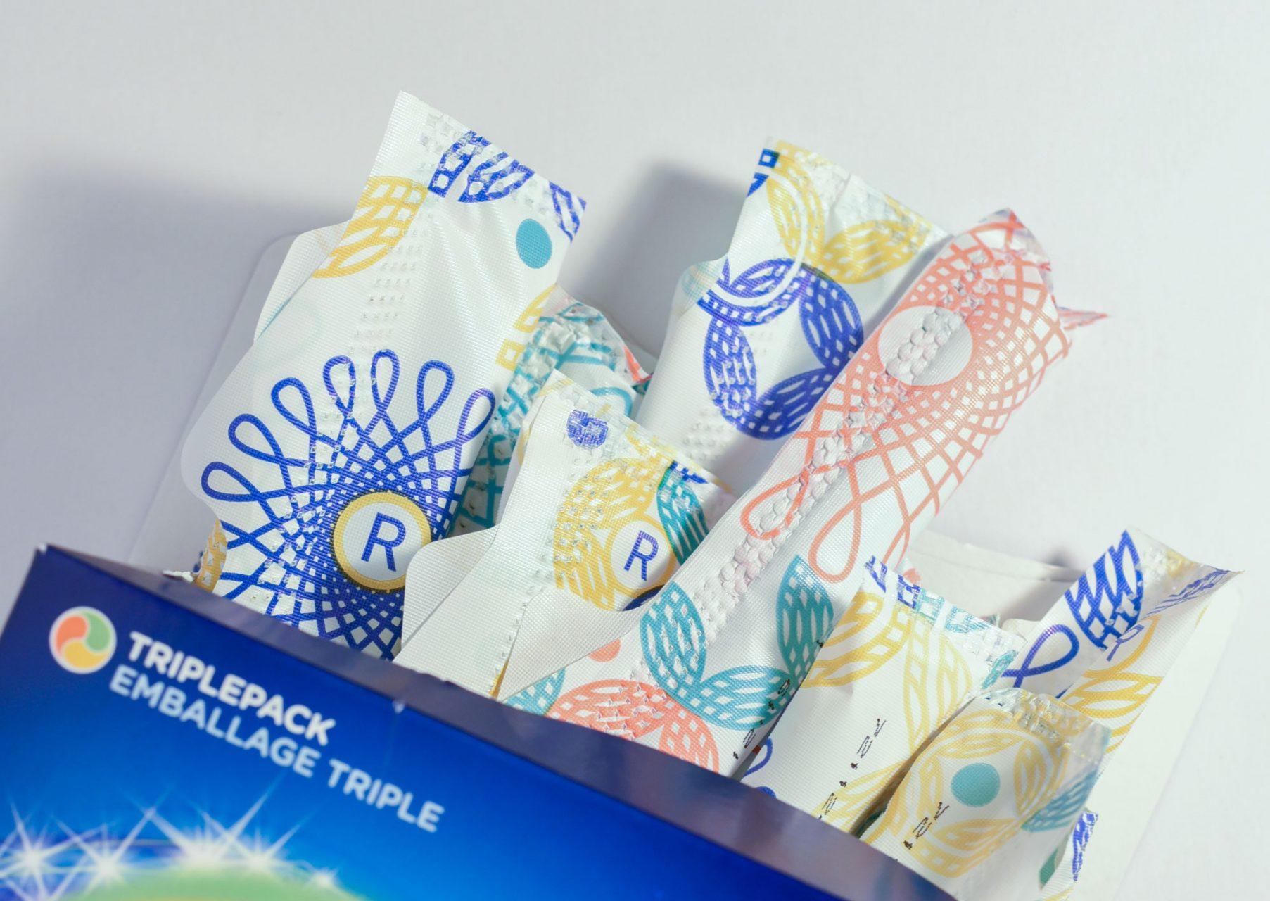 A box of tampons from the company Tampax with an assortment of sizes. A box like this costs about 7 dollars.
