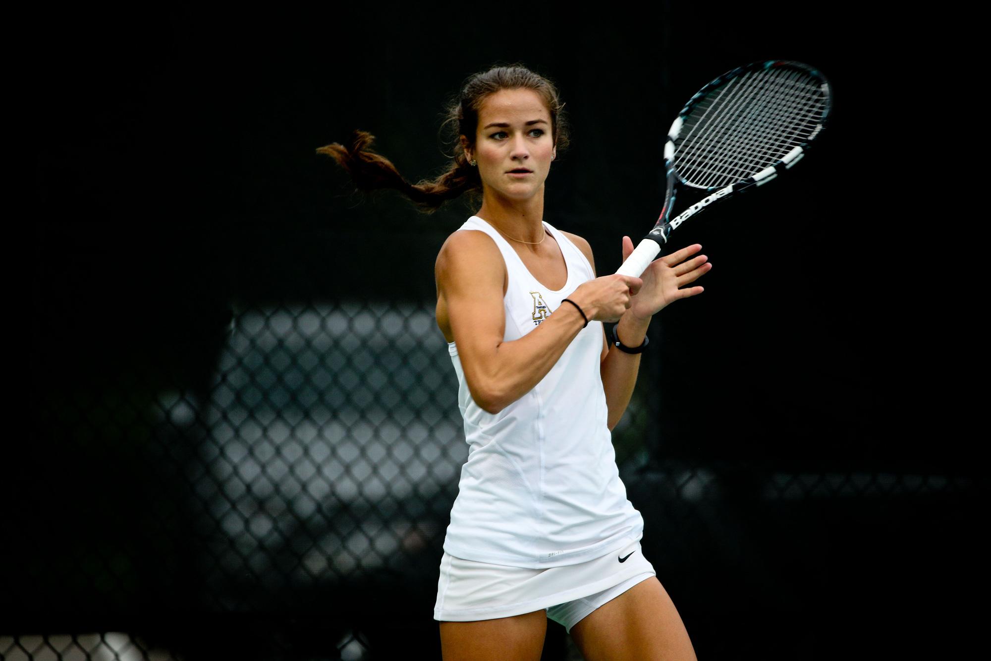 Senior Clare Cox during the first round of the Sun Belt Tennis Tournament at the City Park Tennis Center on Thursday, April 16th, 2015. Photo by Derick E. Hingle/Sun Belt.