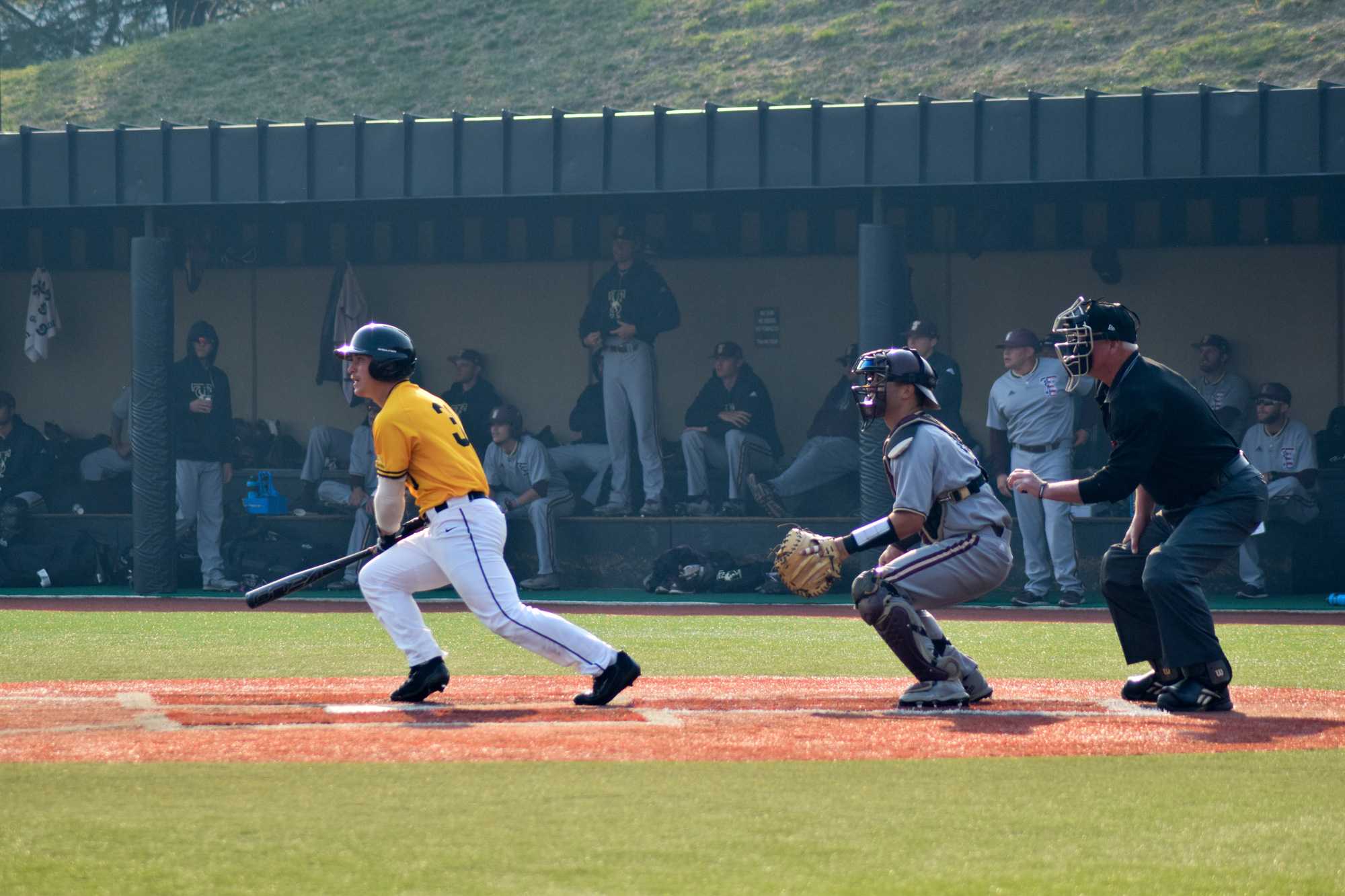 Matt Vernon hitting against Texas State. The Mountaineers lost in all three games to Texas State with the final scores being 3-6, 4-7, and 0-2.