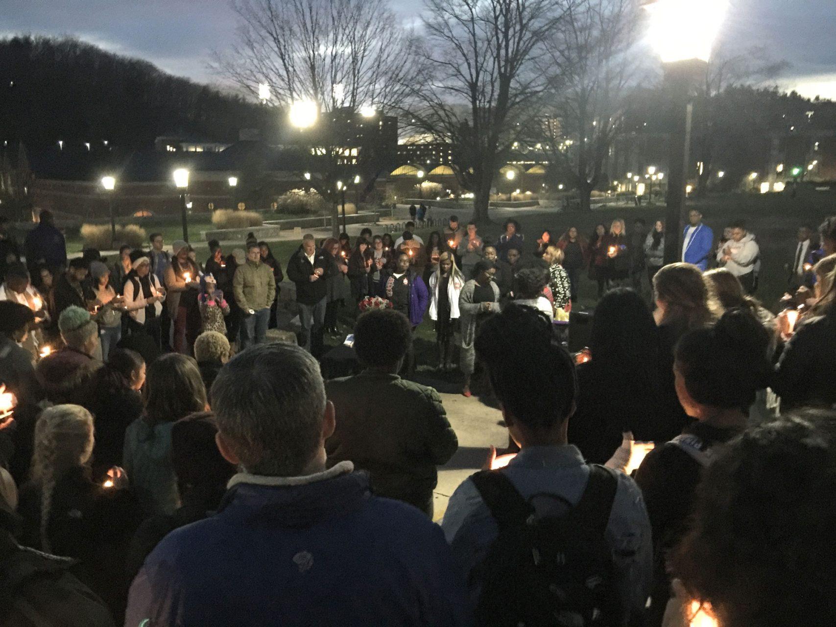 People+gathered+on+Sanford+Mall+for+the+vigil+in+memory+of+Alexis+Fegan+who+passed+away+on+Nov.+12+after+battling+cancer.++