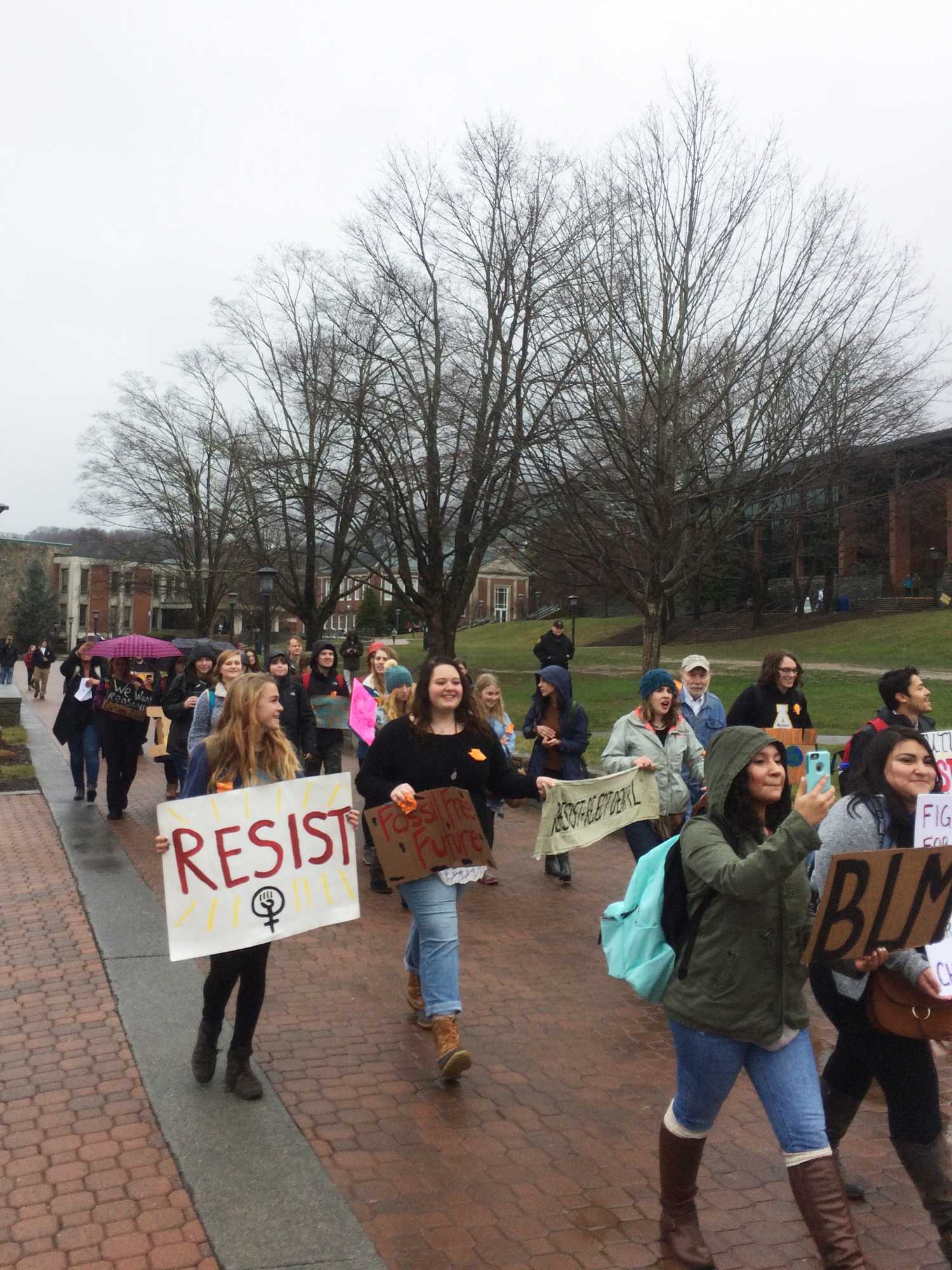Students walking out of classes for fossil fuel divestment. The protest began on Sanford Mall last Monday at 11 a.m.
