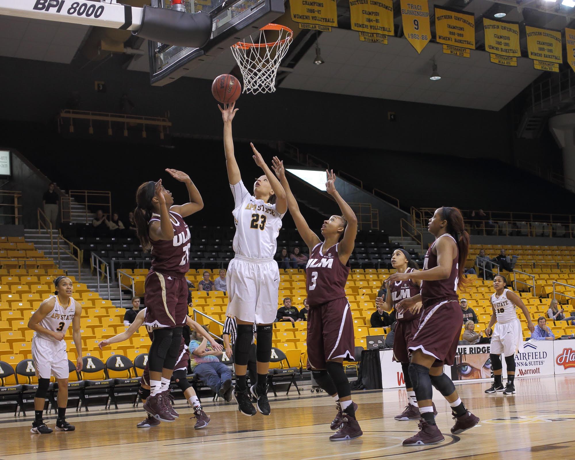 Senior forward KeKe Cooper goes up for one of her 6 baskets during Saturdays 64-52 victory over Louisiana-Monroe. Cooper notched her fourth double-double of the season in the win.  Photo courtesy of Appalachian State Athletics | Bill Sheffield. 