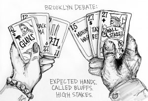 The Brooklyn Debate. Cartoon by Emily Howard.