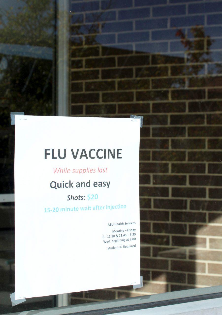 Flyer advertising flu shots available for students. The first case of the flu was reported at ASUs Health Services on September 17th. 