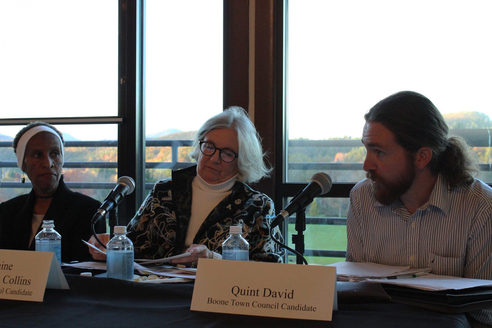 Town council candidates Connie Ulmer, Jeanninie Underdown Collins, and Quint David at Tuesday nights meet and greet at Boone Golf Club. Five candidates participated in the meet and greet to answer questions and get to know voters.