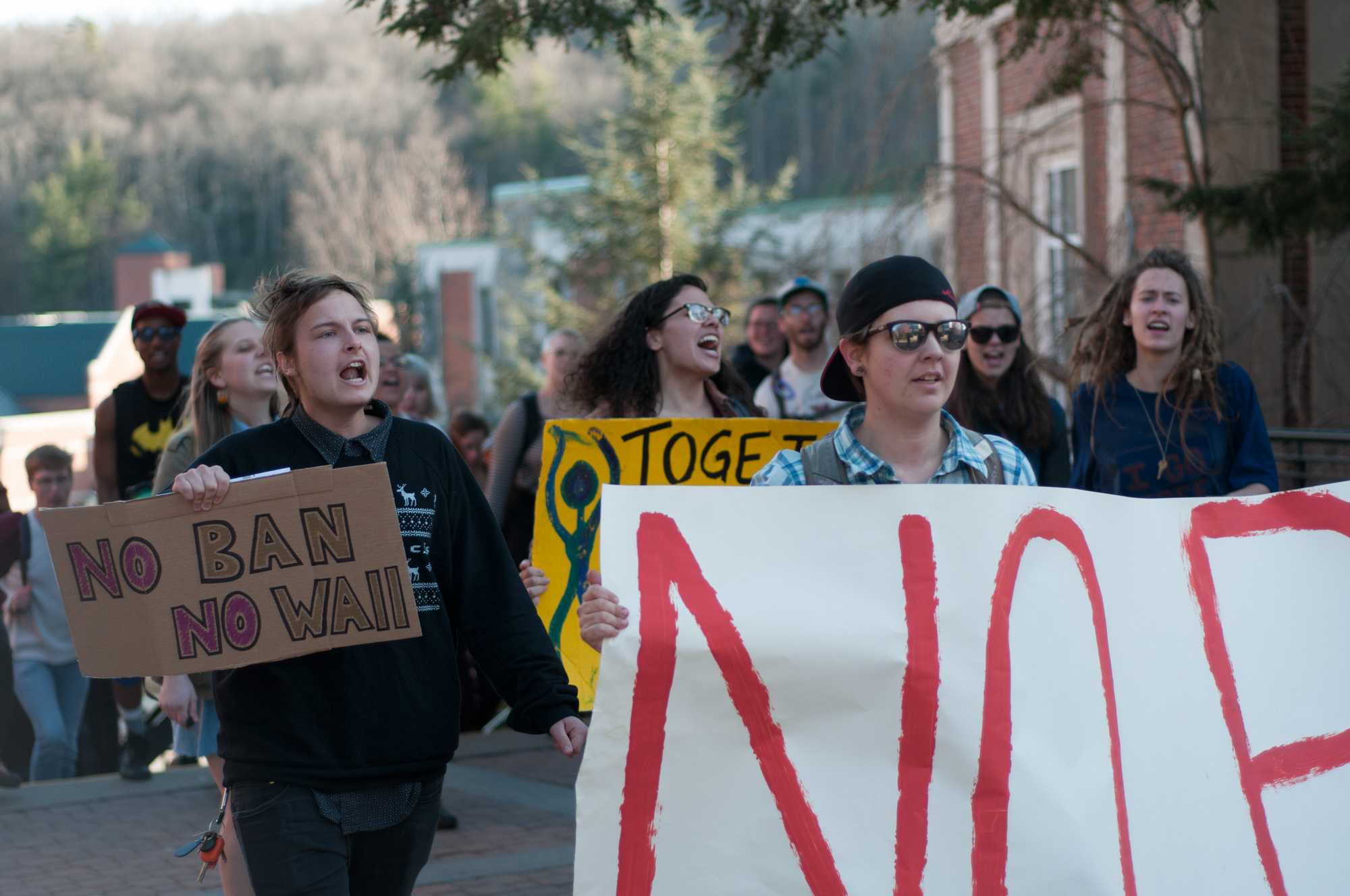 Protesters this past spring semester marching through campus to protest the Trump administration's travel ban.