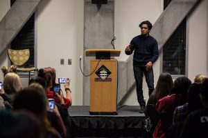 Actor and artist Rajiv Surendra performs his rap from the 2004 film “Mean Girls”. In addition to acting, Surendra has started his own calligraphy business and is touring his recently published memoir, “The Elephants in my Backyard”. 