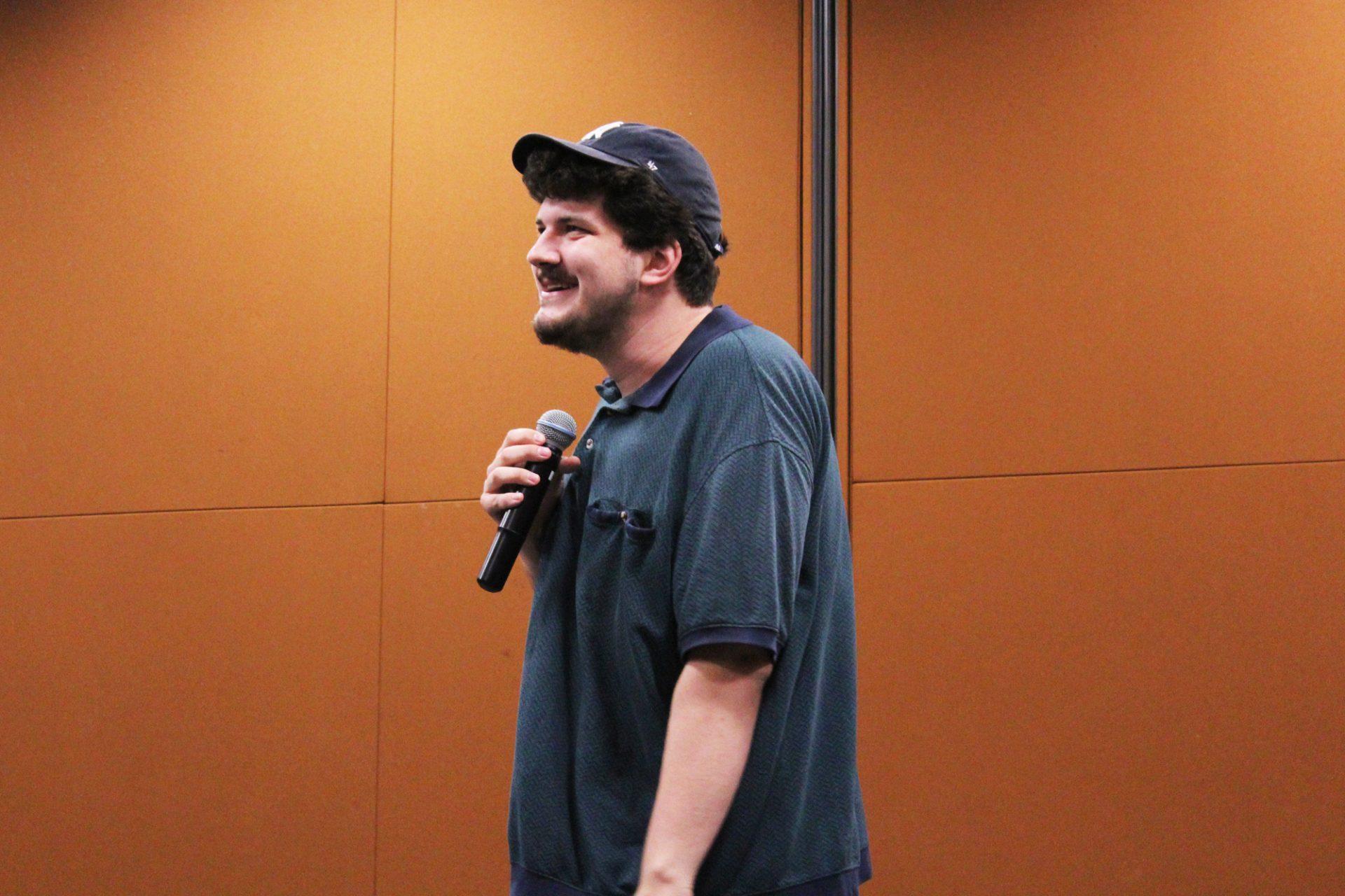 Ben Lynch tells the crowd he wants to be known as a “hat guy” during his performance Wednesday, Sept. 20. As the winner of the competition, Lynch will open for an upcoming show featuring comedian Chris D’Elia. 