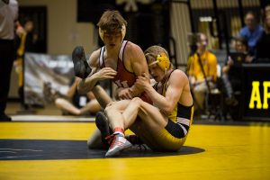 App State's Colby Smith attempts to gain control during his bout with Indiana's Garrett Pepple.