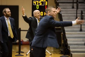 App State wrestling head coach JohnMark Bentley reacts to a stalling call against the Mountaineers. App stayed undefeated in SoCon play after a 55-54 tiebreaker over Chattanooga. 