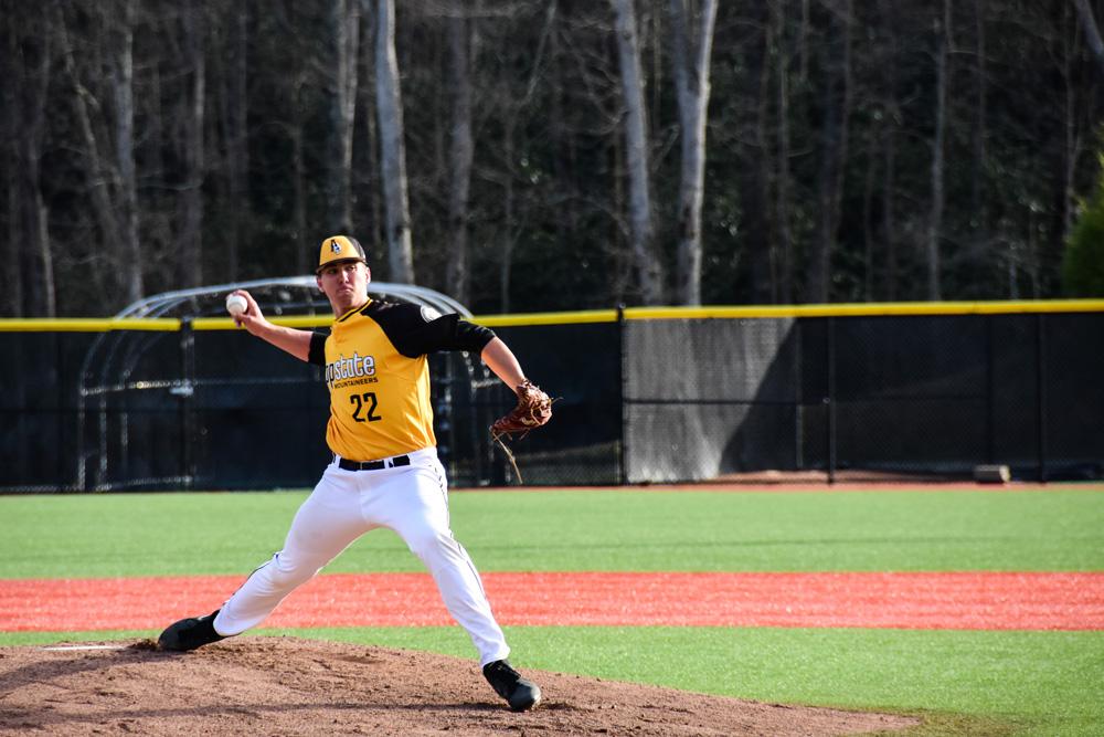 Freshman right-handed pitcher Seth Hardin pitches during the App vs. North Carolina Central game on March 30. 12-1 (W). Photo by Halle Keighton.