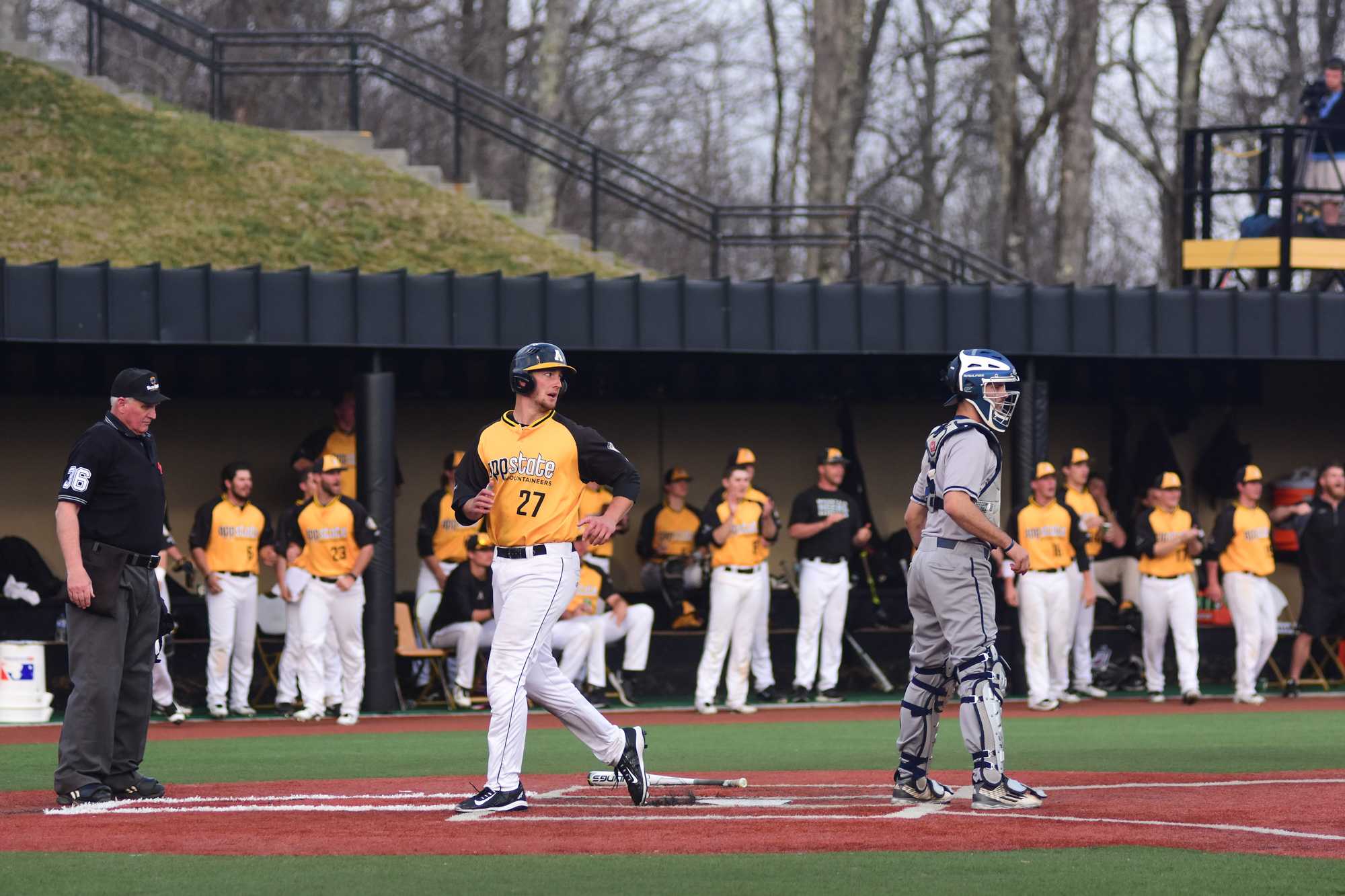 Senior infielder Grayson Atwood looking back after making a run. Photo by Dallas Linger, Photo Editor.