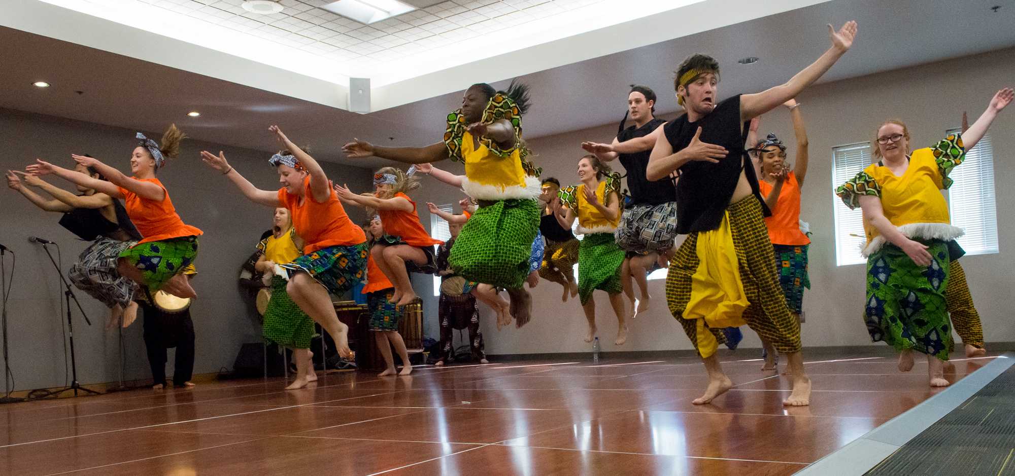 Students of the African Dance class perform in Lineville Falls Room in Plemmons Student Union on Tuesday evening during the Diversity Celebration. The African Dance class is taught by Associate Professor Sherone Price. Photo by Dallas Linger.