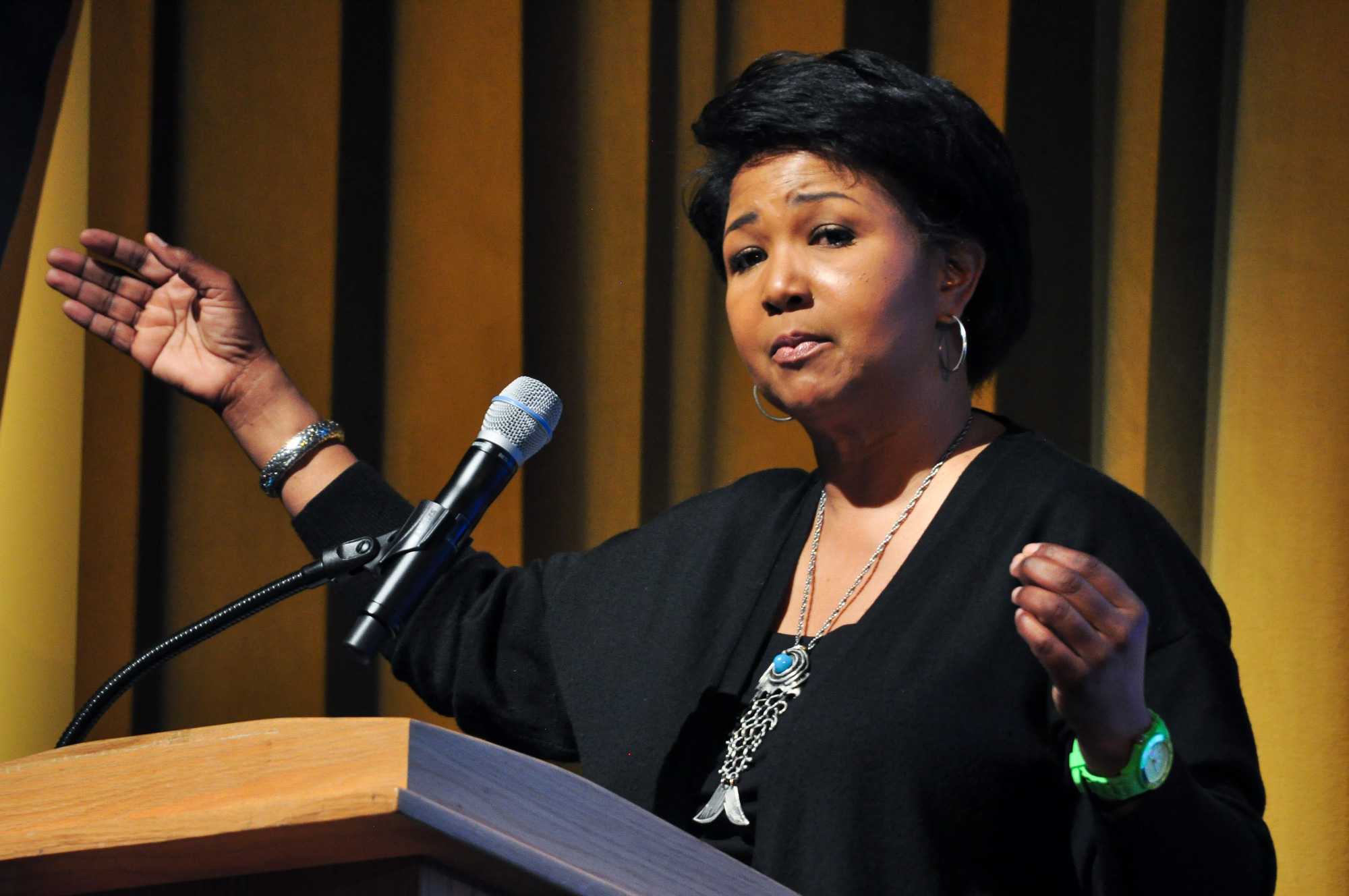 Mae Jemison, who became the first African-American woman to travel in space, speaks at Appalachian State University in Schaefer Center on March 30. Photo by Monique Rivera.