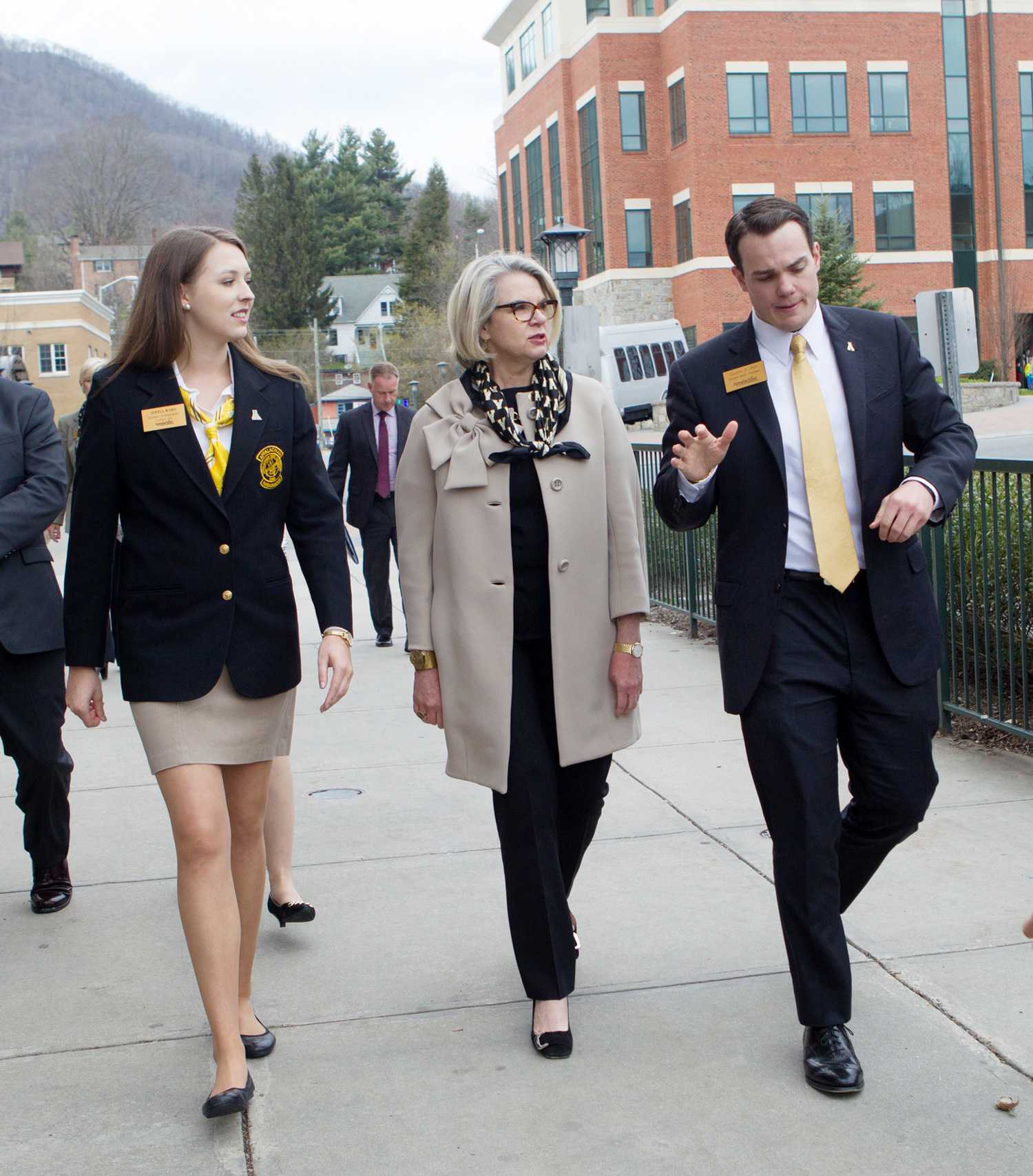 University of North Carolina System President Margaret Spellings talks with Appalachian Student Ambassadors President Jewell Ward and Student Government Association President Carson Rich. Photo courtesy of App State press release.