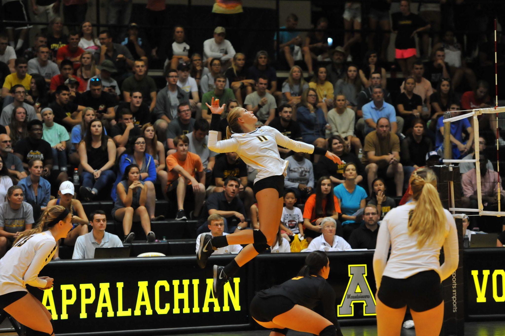 Freshman Emma Longley goes up for a spike during Fridays game. Courtesy: Dave Mayo/Appalachian State Athletics
